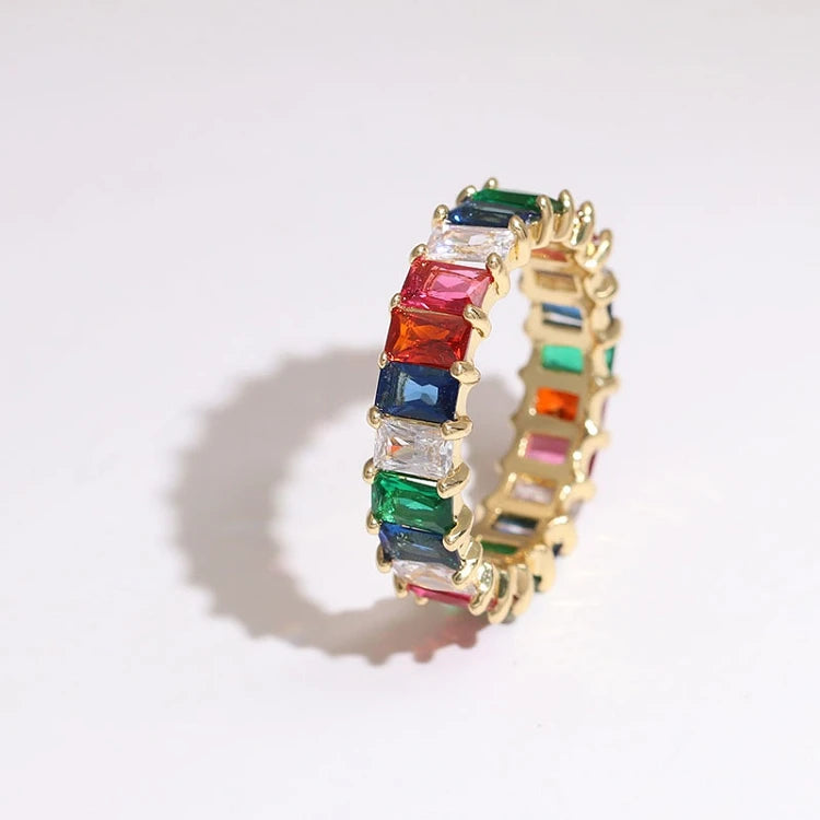 G145 Square Ladder Ring Rainbow Zircon Crystal Tilt Band Colorful Glass Crystal Stacking Women Rings
