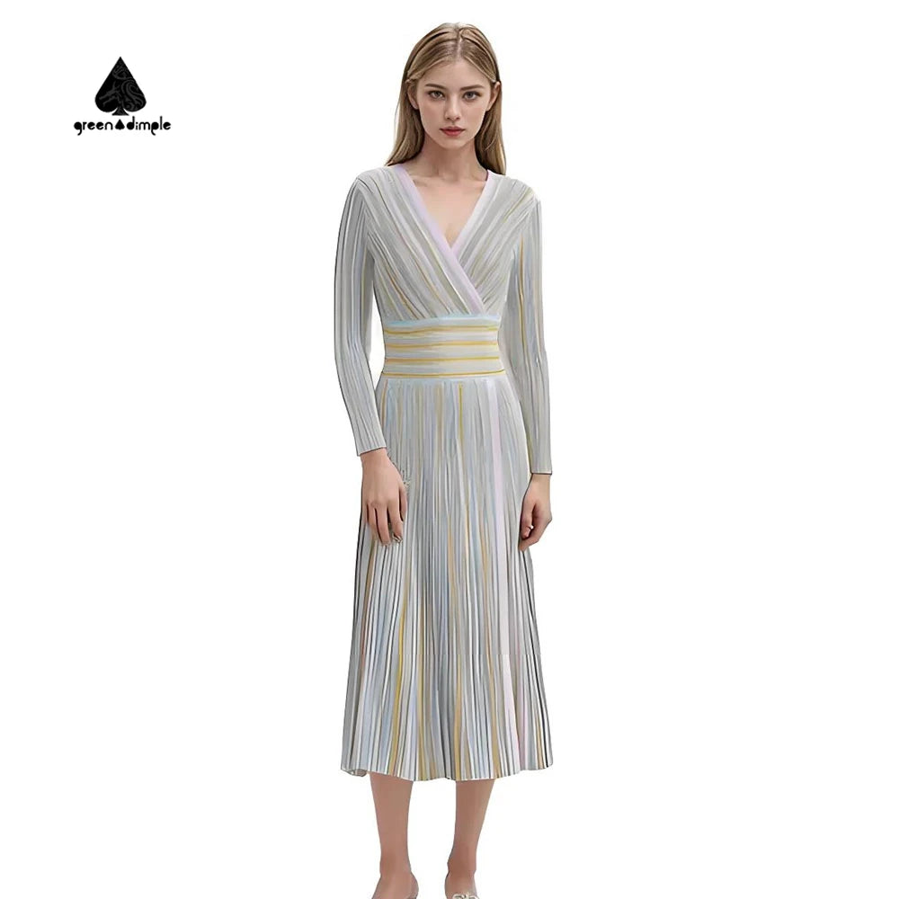 Women's Vintage Long Sleeve Dress Spring Autumn Knitted Color Strip Dress Ladies Elegant 2025 Fashion Clothing Casual Dresses