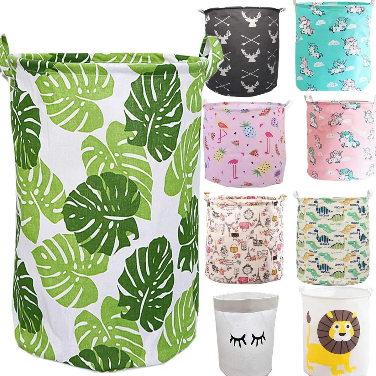 Large Laundry Hampers Storage Basket Lightweight Canvas Round Gift Bins Toys Clothing Laundry with Handles Green Leaf
