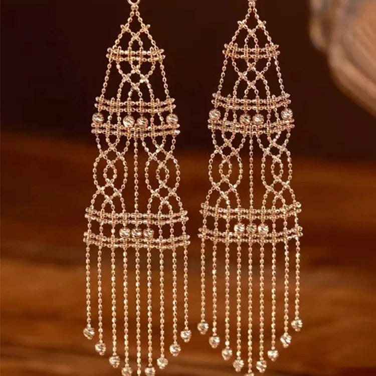 Indian Jewelry 18K Gold  Personality Lace Gold Drop Earrings Heavyweight Exotic Long Tassel Chandelier Earrings Earrings