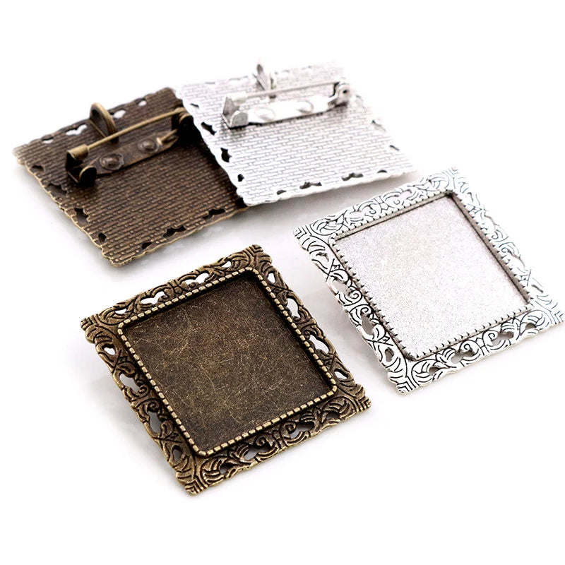 25mm Inner Size Vintage Square Brooch Blank Bezel Tray Cabochon Base Setting Antique Silver Plated Bronze DIY Jewelry