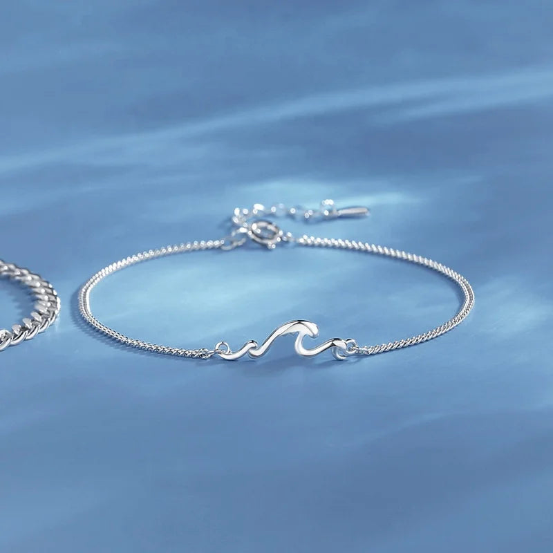 S925 Sterling Silver 'Mountain & Sea' Couple Bracelet Set Unisex Vintage Minimalist Matching Bangle for Parties and Weddings