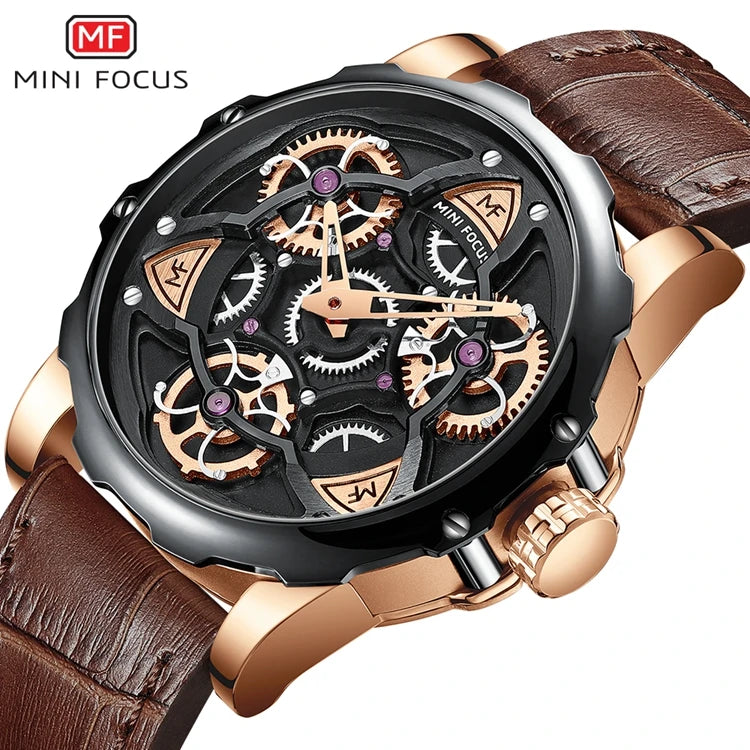 MINI FOCUS 0249 Multi-function Chronograph Leather Strap Men Watches Man Casual Quartz Watch Men Hollow Out Sport Wristwatches