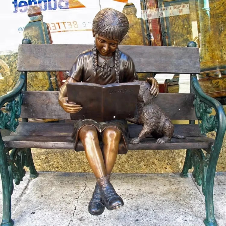Modern Outdoor Bronze Boy and Brass Girl Reading Sculpture for Children and Kids Customizable Casting Statue