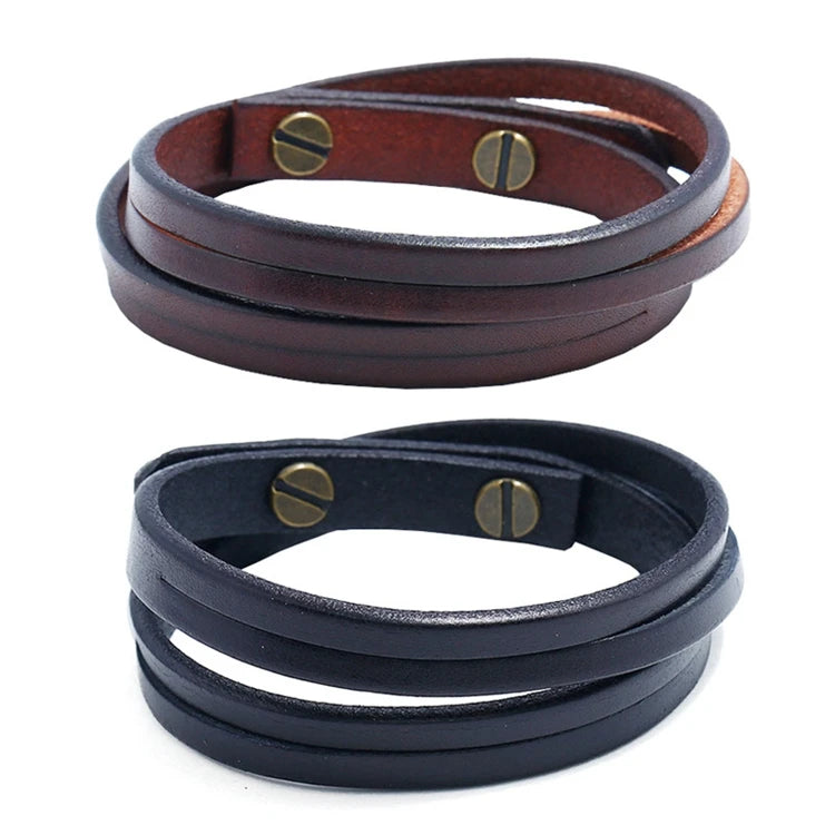 Luxury Male Gift Punk Style Simple Black Brown Plain Wrap Real Genuine Cow Leather Bracelet Jewelry for Men