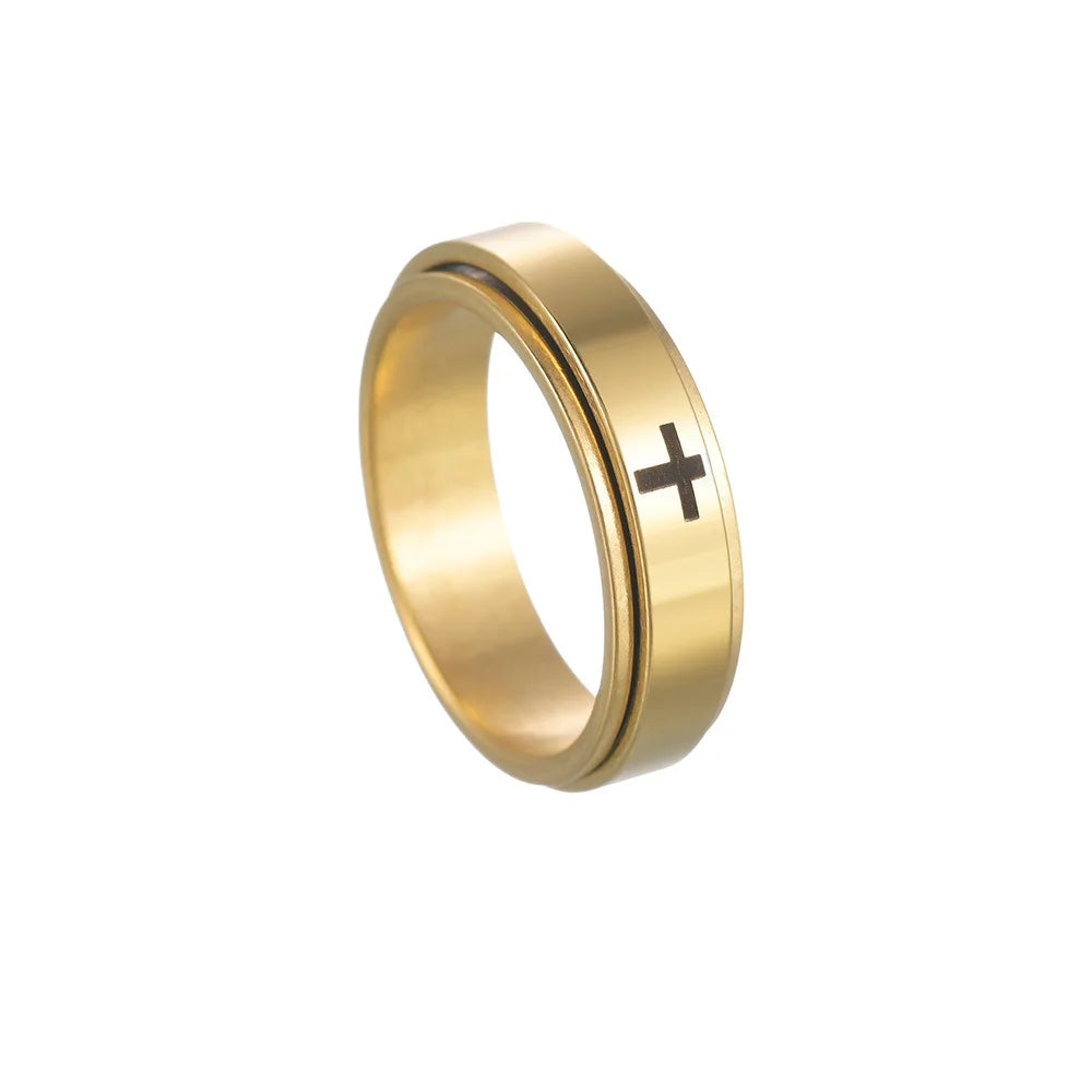 6mm Gold Silver Black Stainless Steel Cross Spinner Rings for Women Men