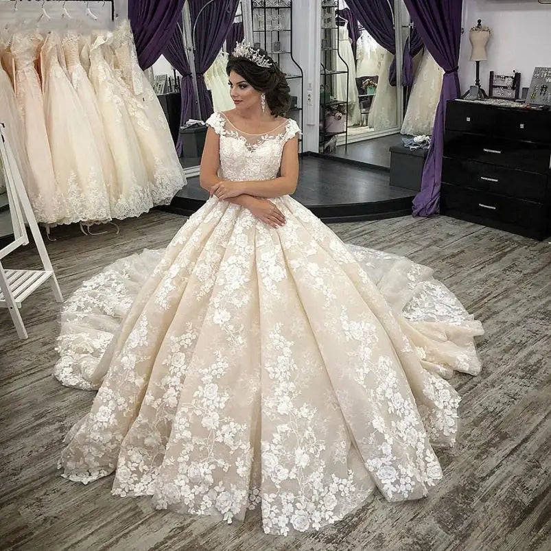 Off Shoulder Lace Ball Gown Wedding Dresses Scoop Neck Appliqued Court Train Tulle Plus Size Bridal Gowns