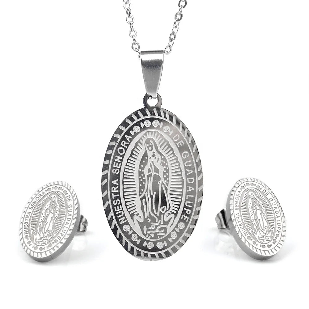 Our Lady of Guadalupe Silver Stainless Steel Religious Necklace Earring Jewelry Set