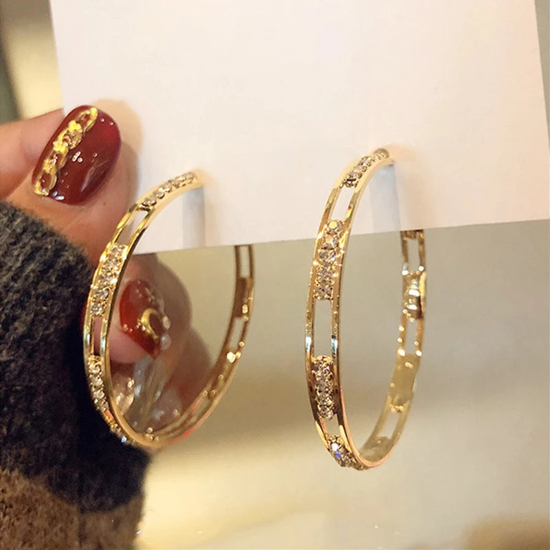 New Arrival Gold Plated Hoops Earrings Women Hollow Rhinestone Crystal Big Circle Geometric Luxury Jewerly