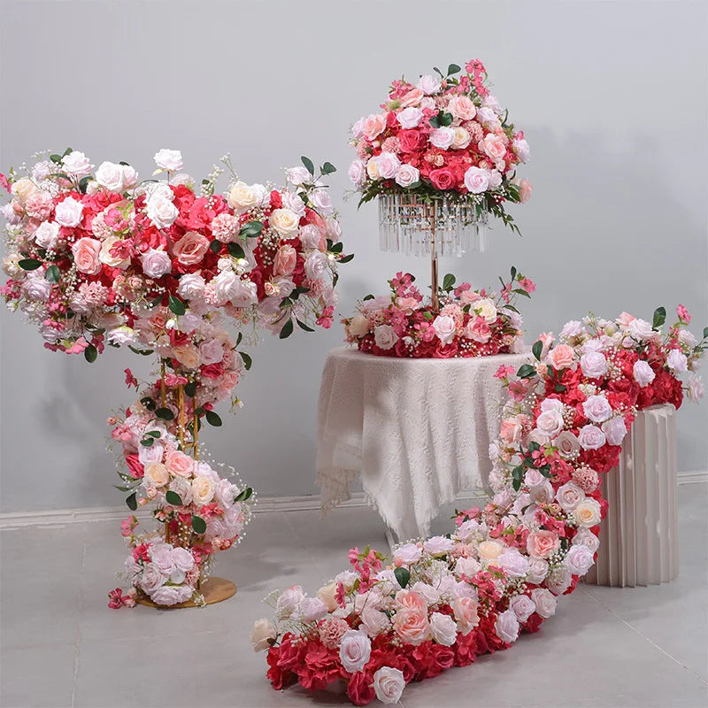 SR Flower Set Wedding Floral Row Room Table Place Decorative Floral Runners Table Flowers 2 Meters Silk Hot pink Flower Runners