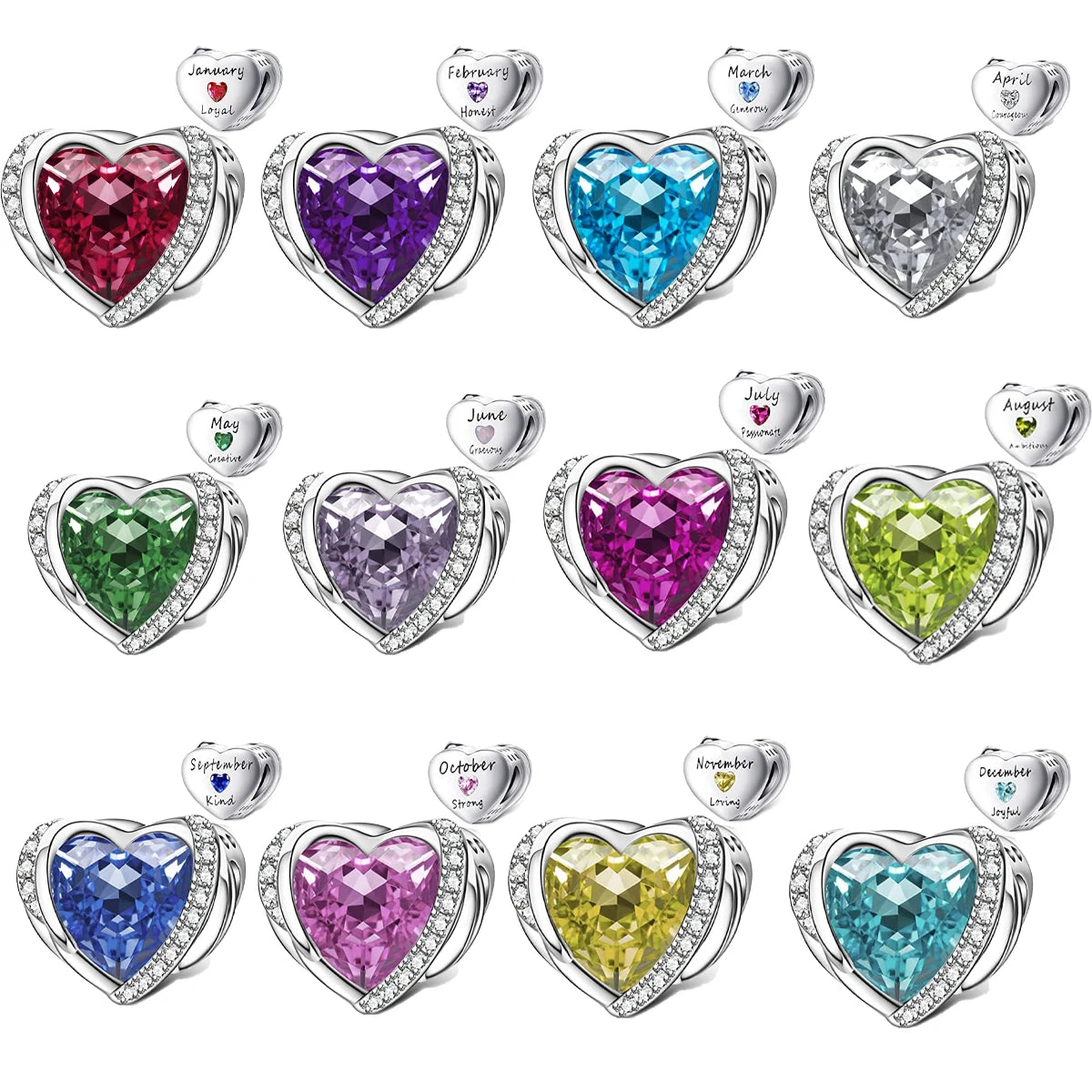 Custom Logo Charm Plata 925 Sterling Silver 12 Months Birthstone Heart Beads for Bracelet Necklace Diy Jewelry Birthday Gift