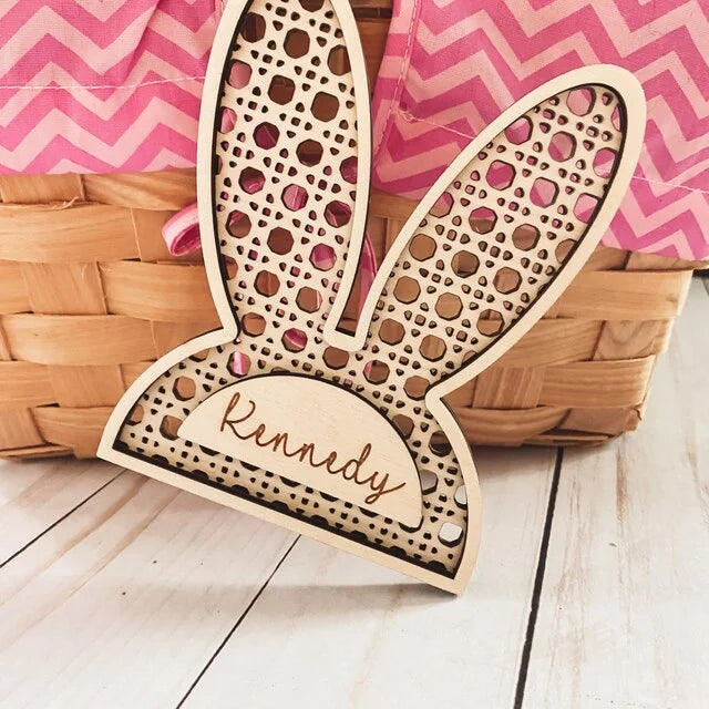 Hot Rattan Cane Easter Rabbit Ears Bunny Basket Tag Wooden Laser Cut Custom Shape Wood for Easter Decoration