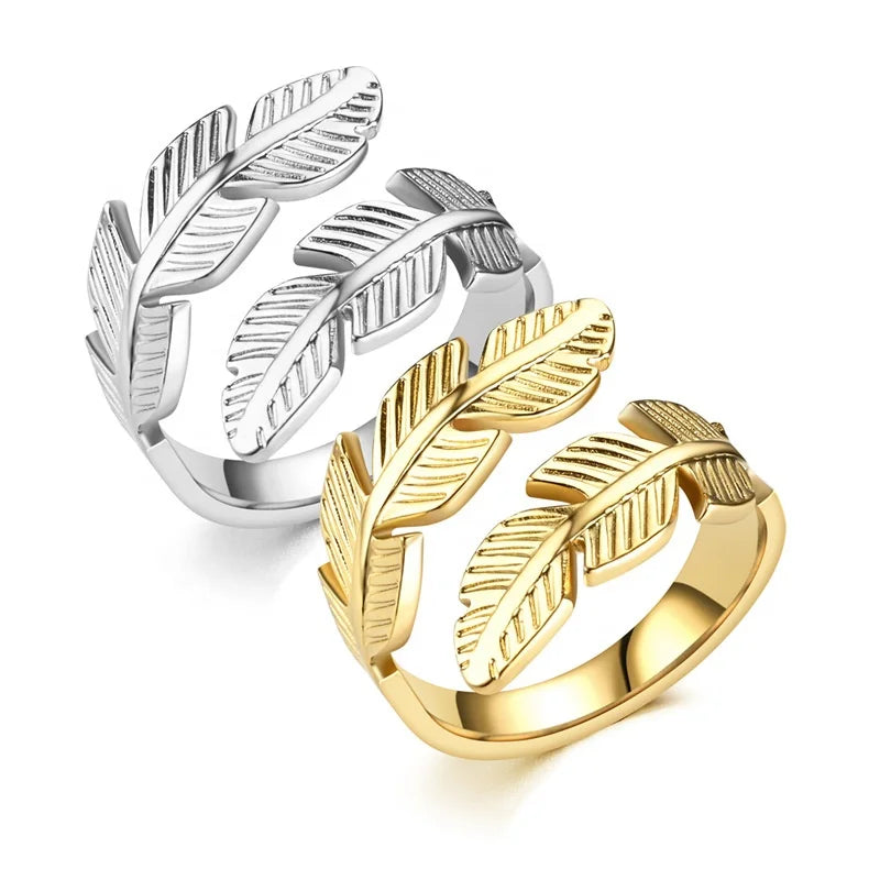 Rinhoo New Arrival 18k Gold Plated Stainless Steel Open Rings Hip Hop Adjustable Leaf Feather Ring Jewelry