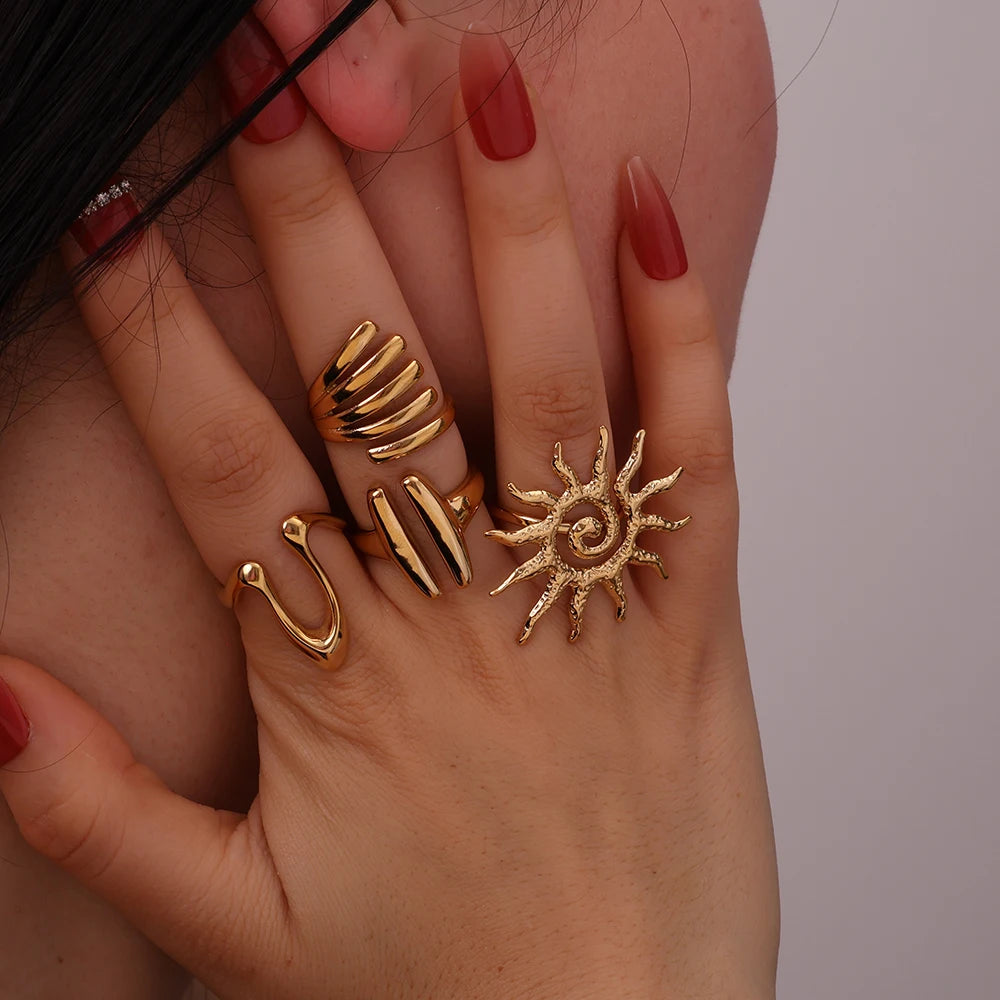 High Quality Personality Designer 18K Gold Plated Stainless Steel Spiral Sunflower Metal U Shape Pendant Multi Layer Ring