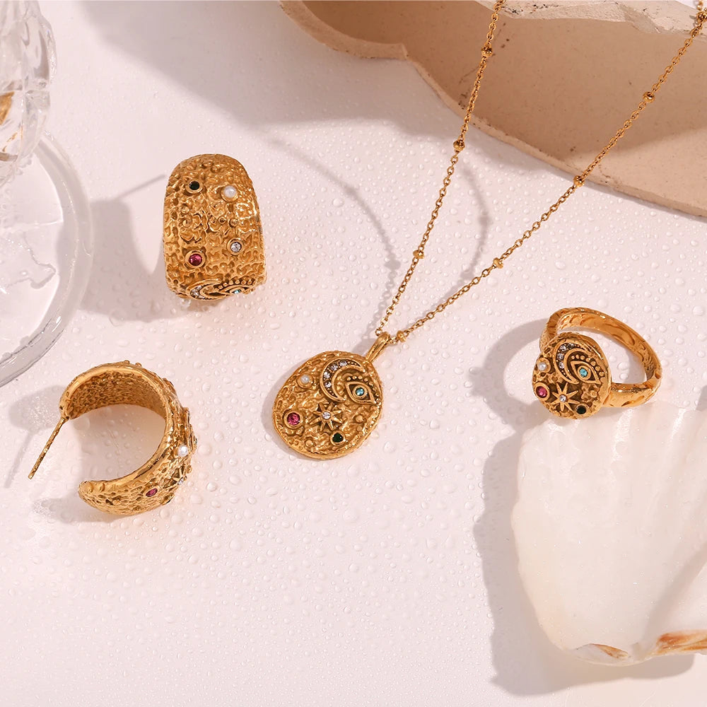 Dreamshow Jewelry Set Crystal Rhinestone Colorful Moon Star Pendant Necklace Gold Plated Stainless Steel Women Jewelry