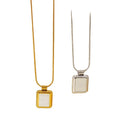 French Retro Unisex Gold Plated Stainless Steel Necklace Simple Square White Shell Pendant Trendy Zircon Butterfly Buddhism