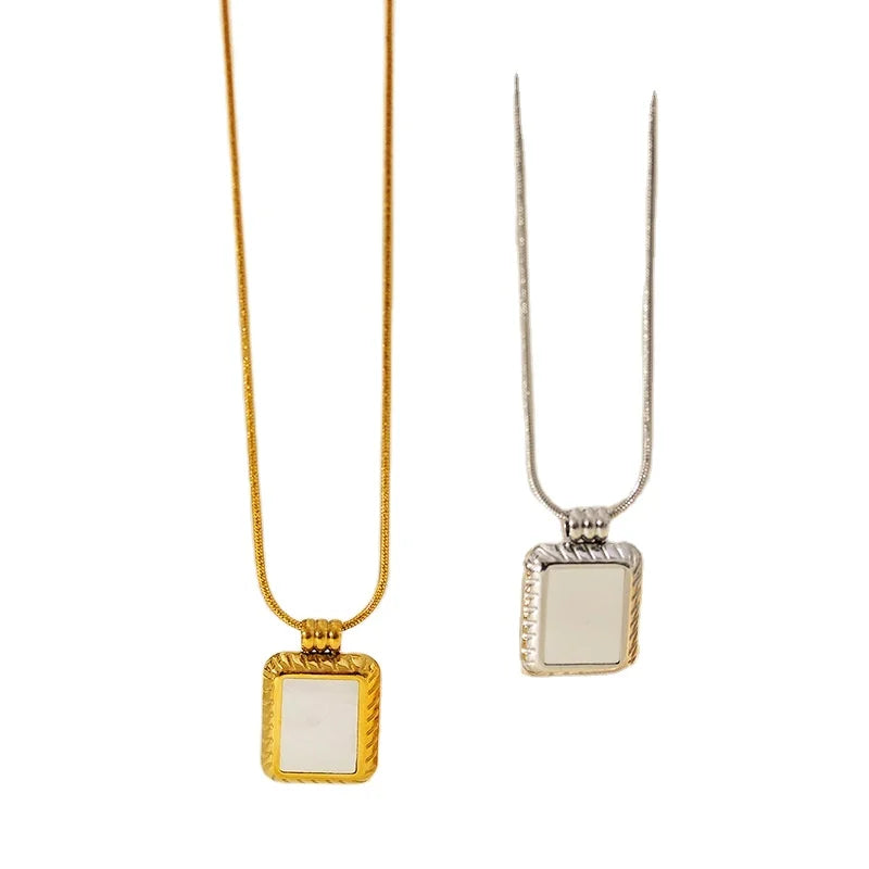 French Retro Unisex Gold Plated Stainless Steel Necklace Simple Square White Shell Pendant Trendy Zircon Butterfly Buddhism