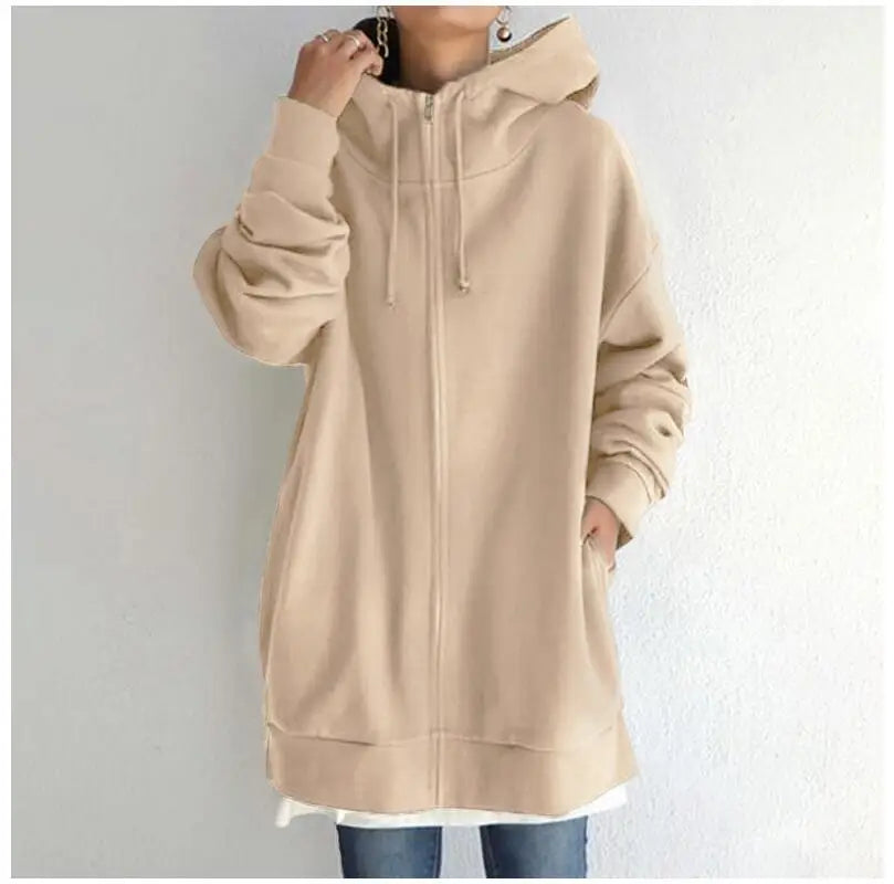 S-5XL Autumn and Winter Zippered Hooded Long Plush Hoodie New Personalized Street Solid Color Hoodie