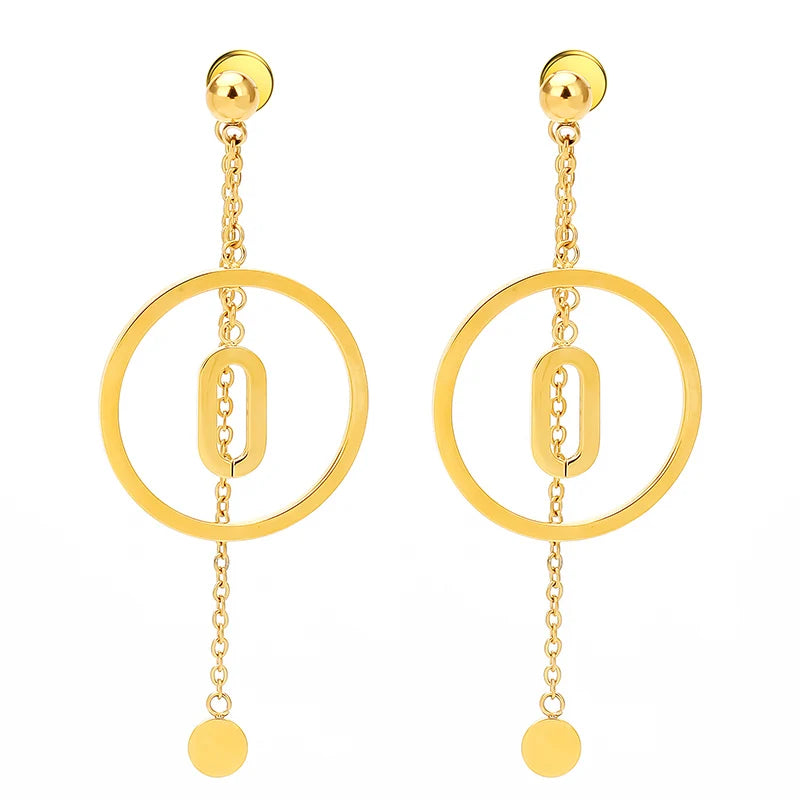 New Fashion Long Geometric Round Earrings Gold Color Stainless Steel Earrings Fashion Jewelry for Woman.