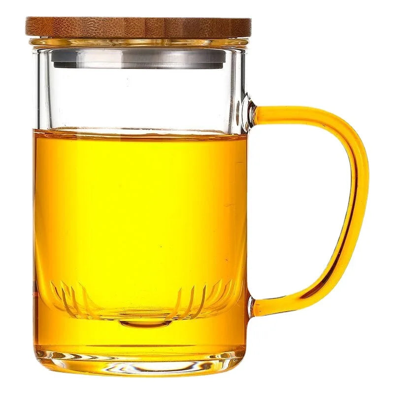 Wholesale 500ml Borosilicate Glass Tea Infuser Cup Set with Bamboo Lid Wide Mouth Coffee Mug With Colorful Lid