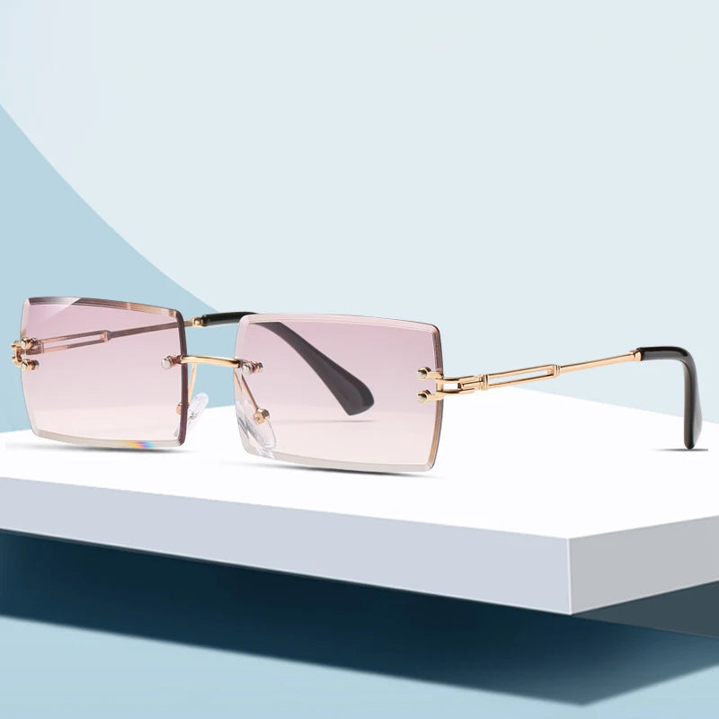 2026 New Fashion Rimless Rectangle UV400 Sunglasses for Women Gold Metal Frame Gafas Para Mujer De Sol