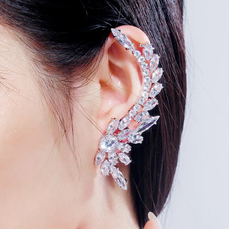 Asymmetric Feather Shape Shiny Cubic Zirconia Long Big Ear Cuff Stud Earrings for Women Fashion Party Jewelry