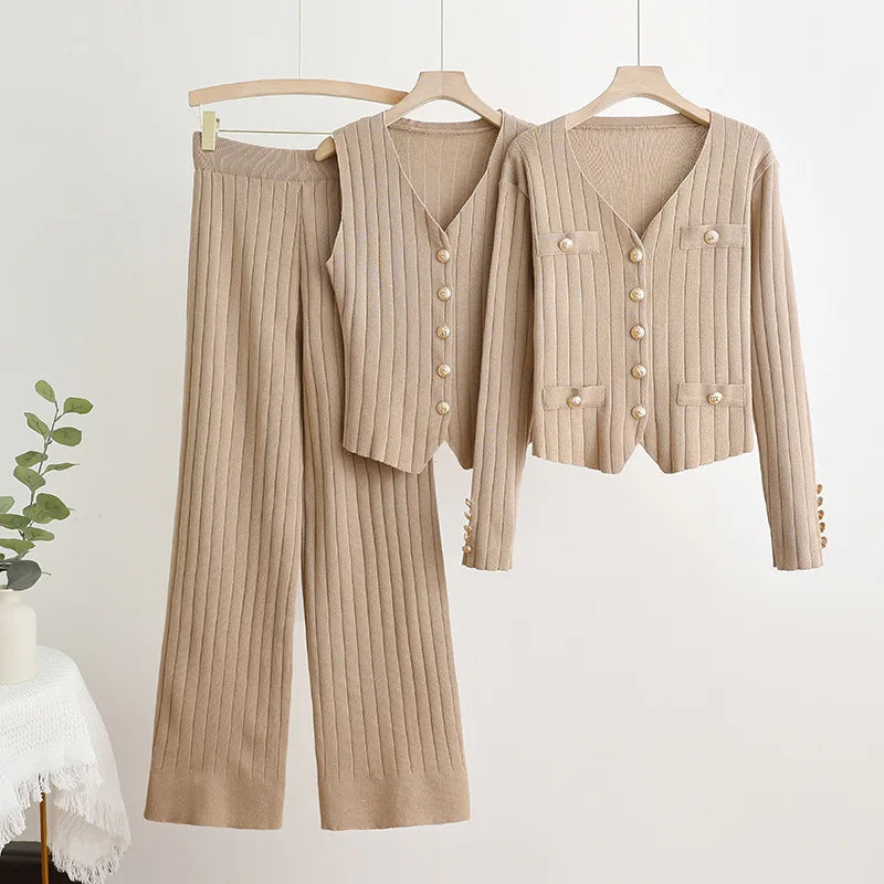 Wholesale Autumn and Winter New Women's Three-Piece Casual Suit V-Neck Knitted Vest and Ladies Cardigan With Trousers