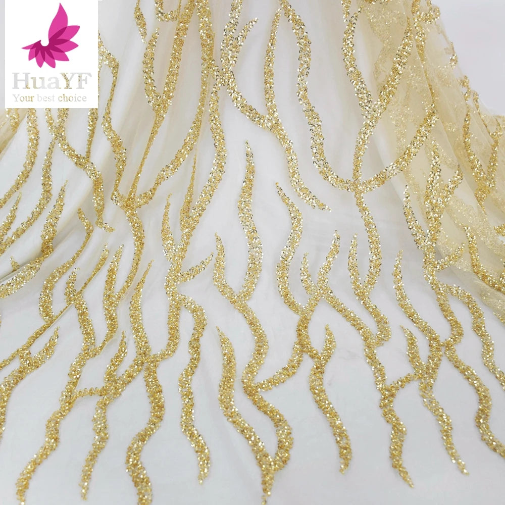 Hot Sale African Yellow Gold 3d Beaded Lace With Sequins Shining Wholesale Embroidery Lace Dress Fabric for Aso Ebi HY1594-3