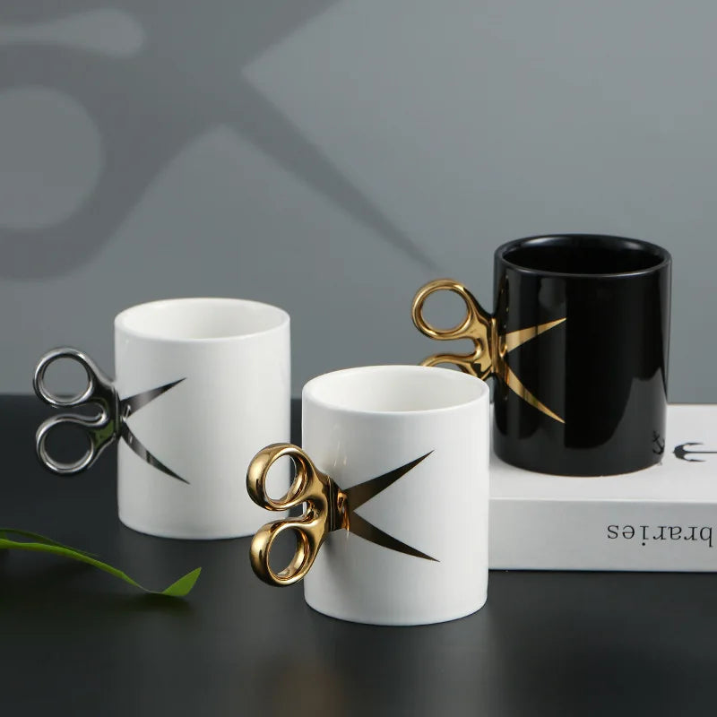 Creative Scissors Handle Ceramic Coffee Mug 350ml Porcelain Customized Print Funny Gift Mug for Barbers Lid Travel Water Usage