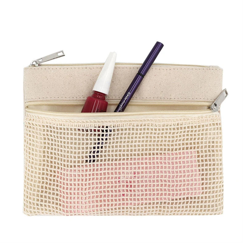Travel Natural Canvas Beauty Case Makeup Pouch  Toiletry Bag With Zipper Double Zipper Cotton Mesh Pocket Cosmetic Gift  Bag
