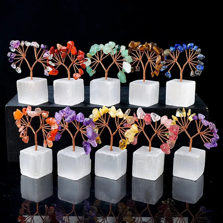 Healing Crystal Stones Selenite Square Base Gravel Tree Reiki Energy Crystals Tree Seven Chakra Crystal Tree Home Decor Crafts