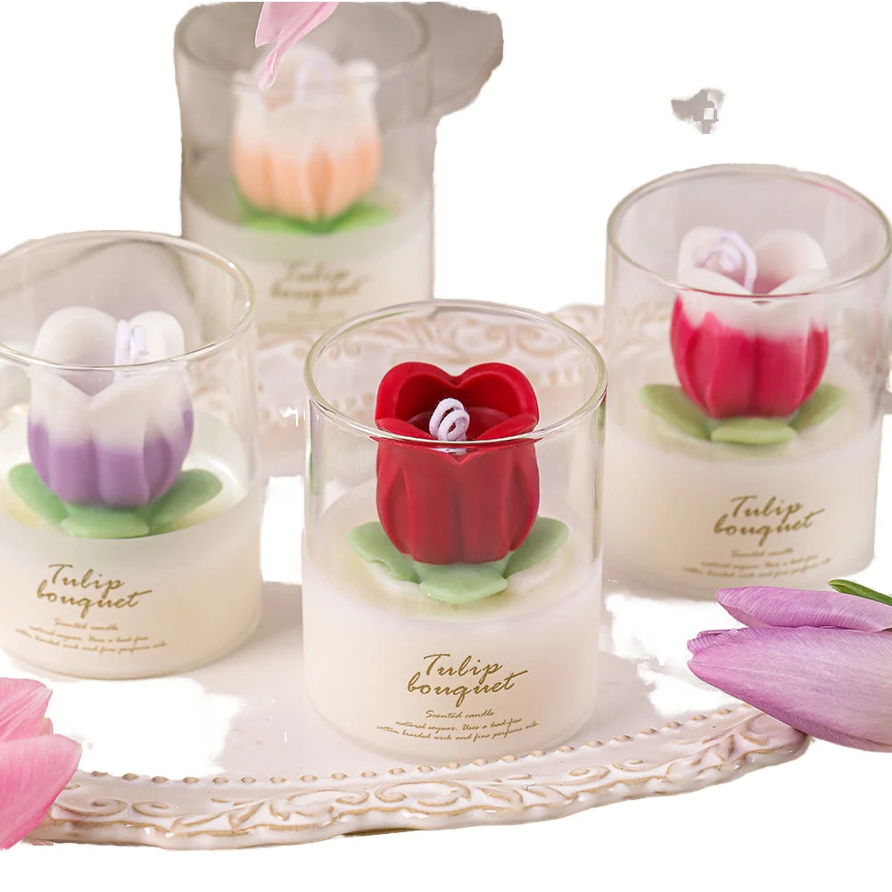 Romantic Elegant Aromatherapy Soy Wax Candle in Tulip Glass Cup for Home Decor Bars Birthday Gifts for Holidays
