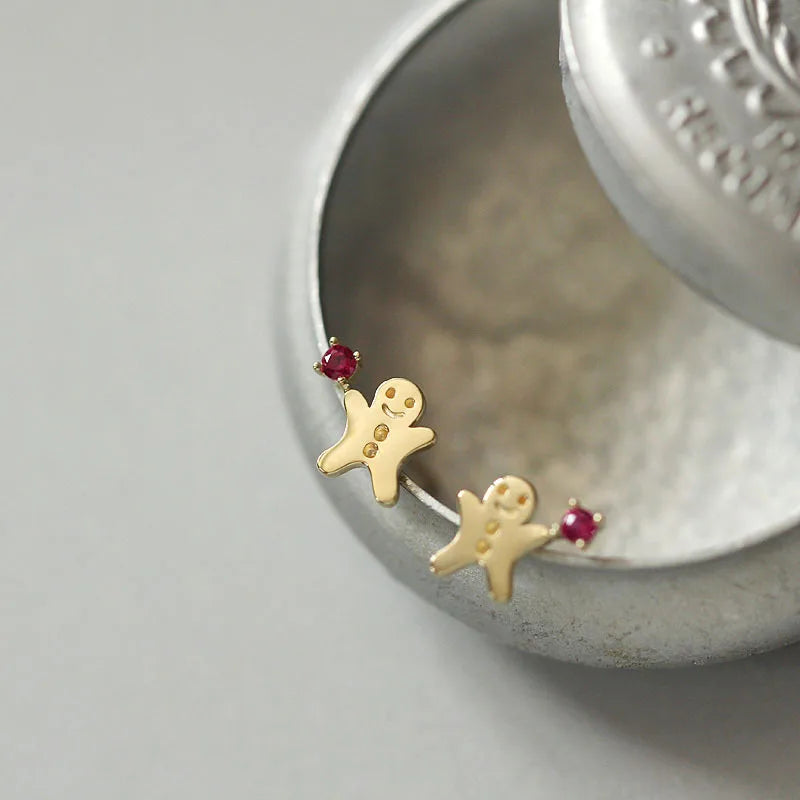 Gingerbread Man Shape Earrings Gold Plated Pure 925 Sterling Silver Zircon Stud Earrings for Women Girls