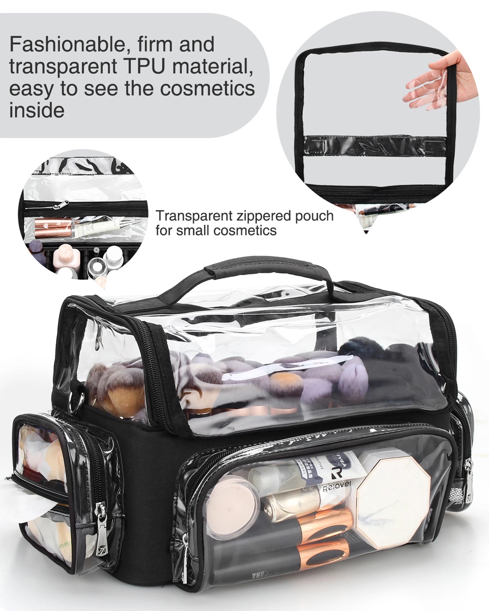 Relavel Clear Waterproof Cosmetic Organizer Bag with Adjustable Strap and Dividers Travel Large Makeup Brush Holder