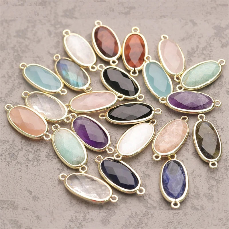 Wholesale Oval Natural Gemstone Bead Connector Bracelet Beads Connector Gold Plated Crystal Charm Bead for Jewelry Making