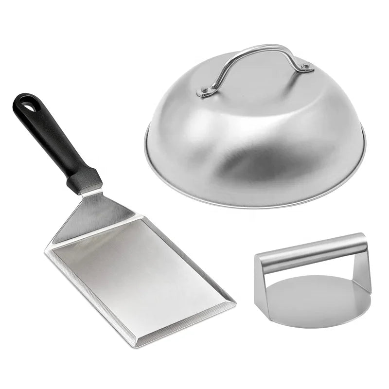 YINHAO Hot Selling Stainless Steel Basting Cover 5.5 Inch Smash Burger Press with Griddle Spatula 3Pcs Smash Burger Set