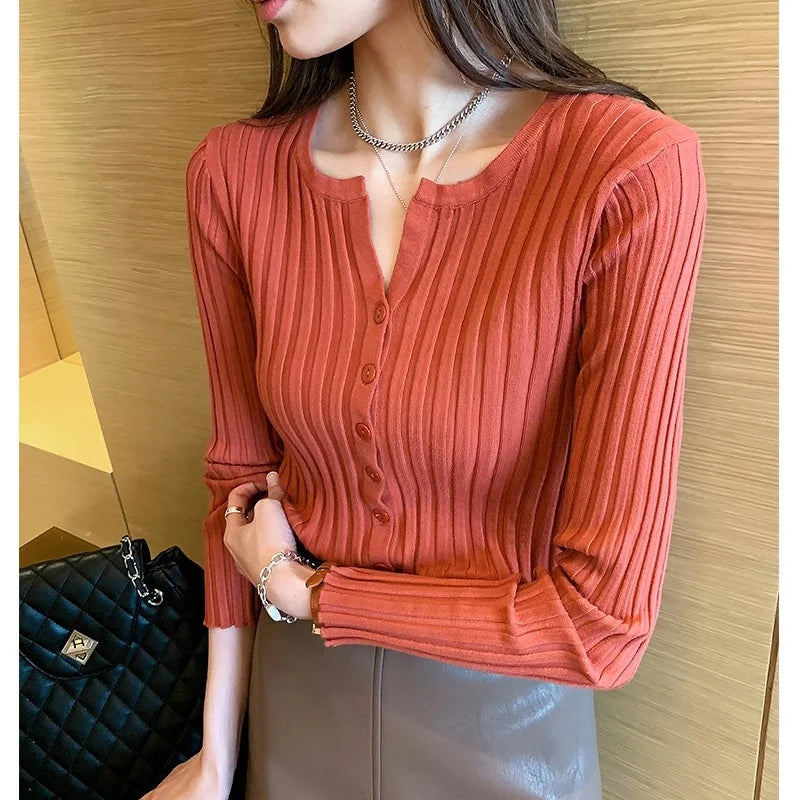 Factory Wholesale Casual Korean Button Cardigan Sweater Slim Thread Stretch Knitted Solid Color Base Sweater Knitwear