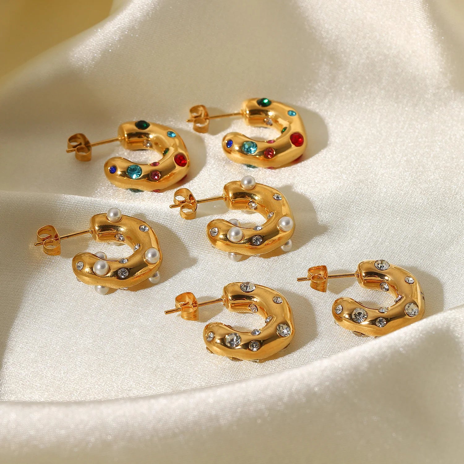 2022 Fashion Waterproof Fine Jewelry Colorful Pearl Zircon 18K Gold Plated Stainless Sterling Earrings
