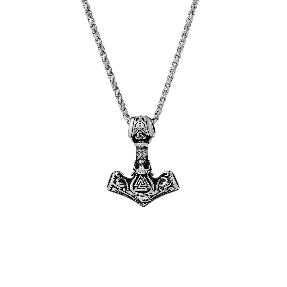 Nordic Viking Men Stainless Steel Mjolnir Thor Hammer Rune Valknut Pendant Necklace Jewelry