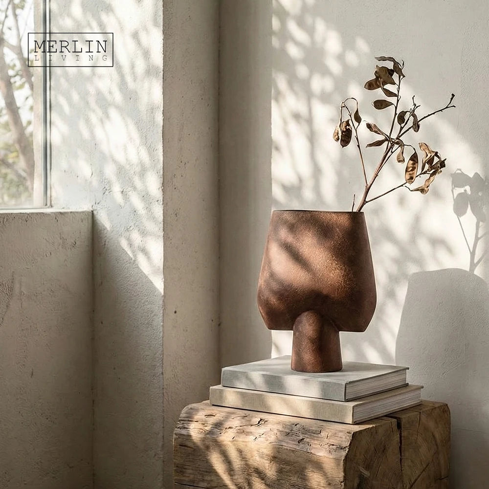 Merlin Living Modern Wabi Sabi Creative Vase Custom Modern Unique Design Art Red Retro Stand Yellow Clay Vase for Vases Decor