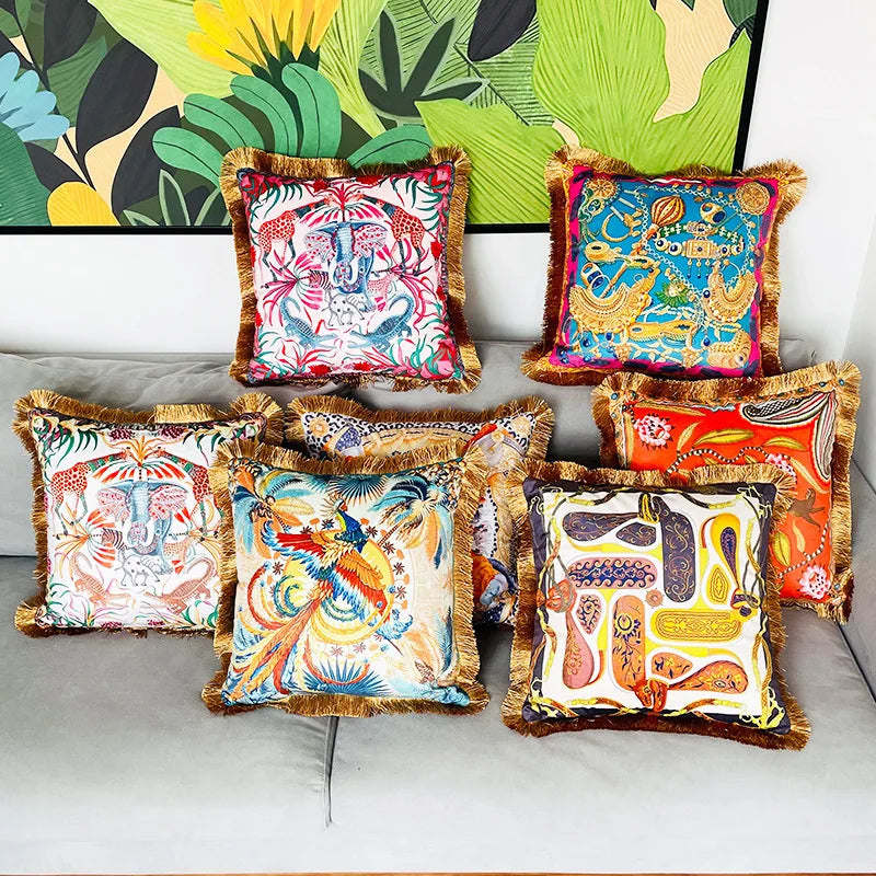 Cygnus Light Luxury Fashion Golden Tassel Double-sided Printing Thickening Super Soft Velvet Printing Sofa Cushion Cover