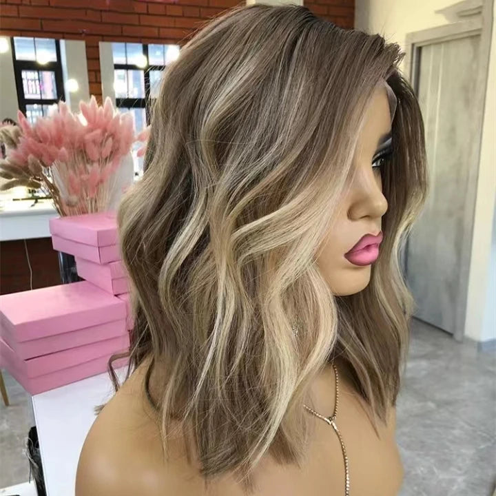 Quality European Hair Ombre Ash Blonde Wave Short Bob Wig Raw Double Drawn Human Hair Swiss Lace Front Wigs MegaBDM