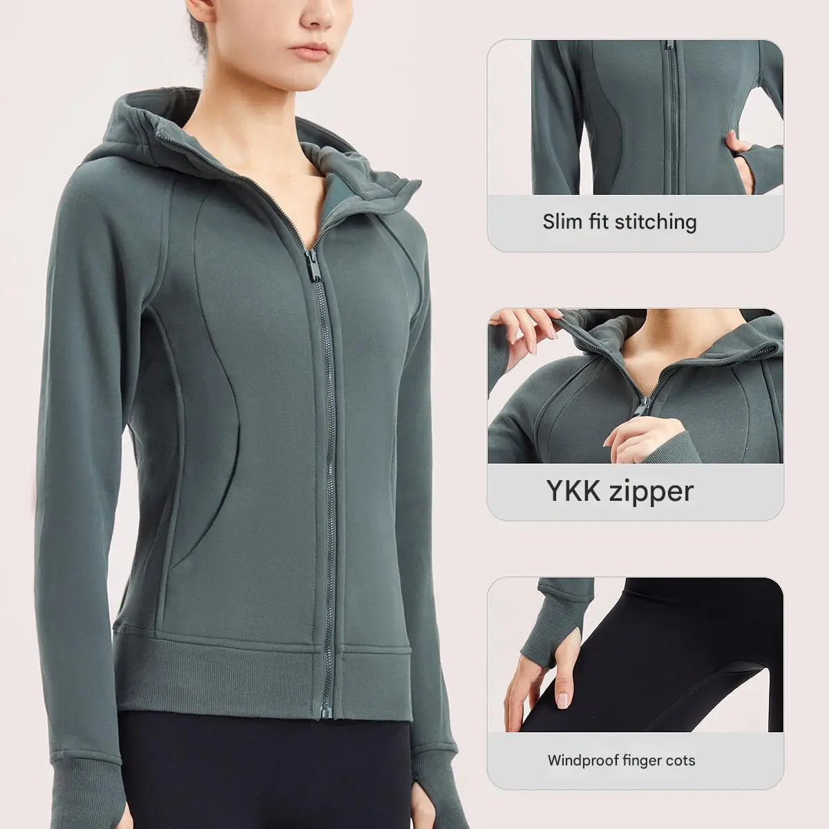Women's Lightweight Windproof Quick-Dry Breathable Spandex Hoodie Zippered Outdoor Sports Fitness Coat Solid Pattern