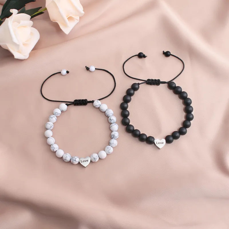 Fine Relationship Lover Heart Knitted Matching Adjustable Bracelet Natural Stone Bead Couple Bracelet Valentine's Day Jewelry
