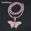 CN165 Rose Gold Setting pink Zircon Butterfly Pendants Tennis Chain Women Necklace Hip Hop Necklace Party Jewelry Gift