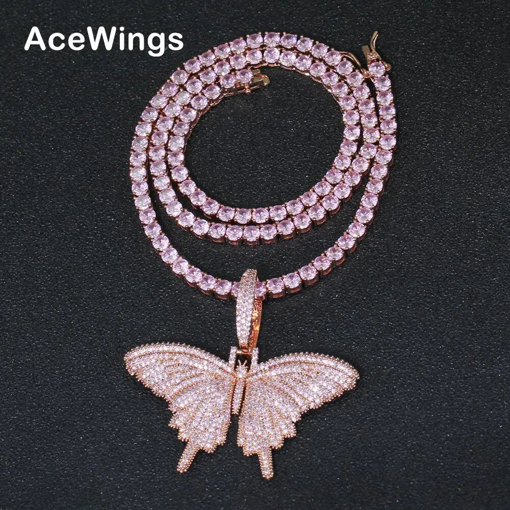 CN165 Rose Gold Setting pink Zircon Butterfly Pendants Tennis Chain Women Necklace Hip Hop Necklace Party Jewelry Gift