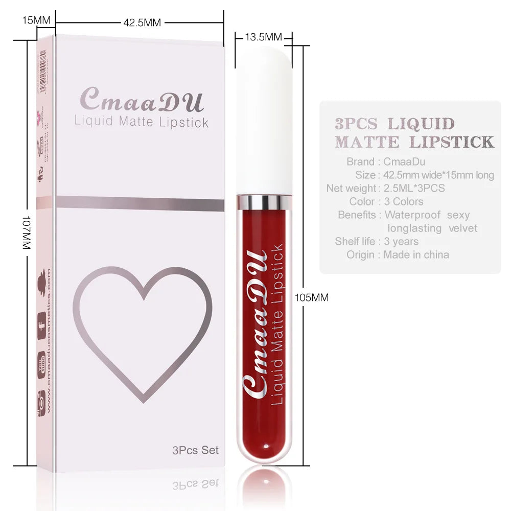 3 Pcs/set Liquid Matte Lipstick Waterproof Long Lasting Lip Gloss Cosmetic Sexy Nude Non-Stick Cup Lips Makeup Velvet Lipsticks