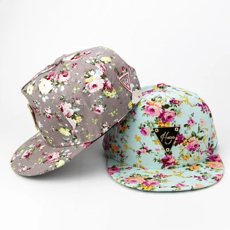 Customized Unstructured 5 Panel Flat Brim Snapback Cap All Over Print Floral Design for Outdoor Party Travel with Metal Logo