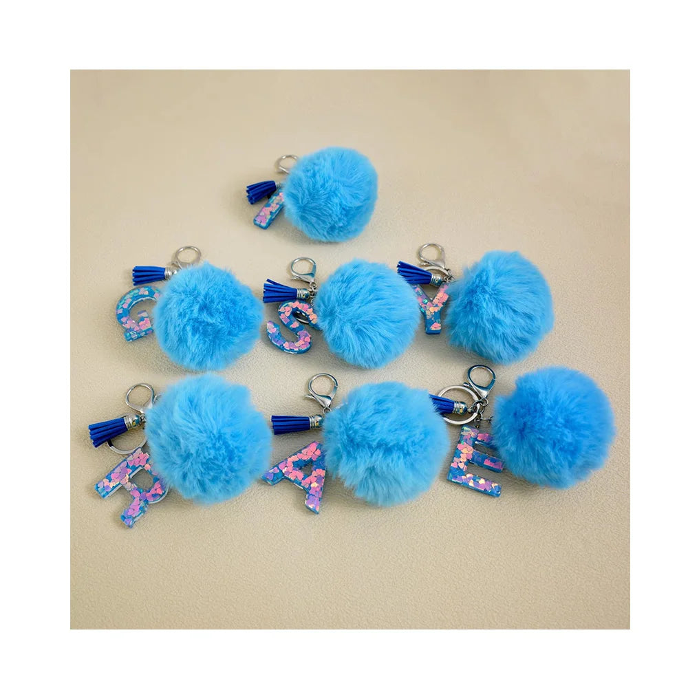 New Resin A-Z Letter Keychain Creative Blue Hairball Tassel Keychain Backpack Pendant Gift for Mom