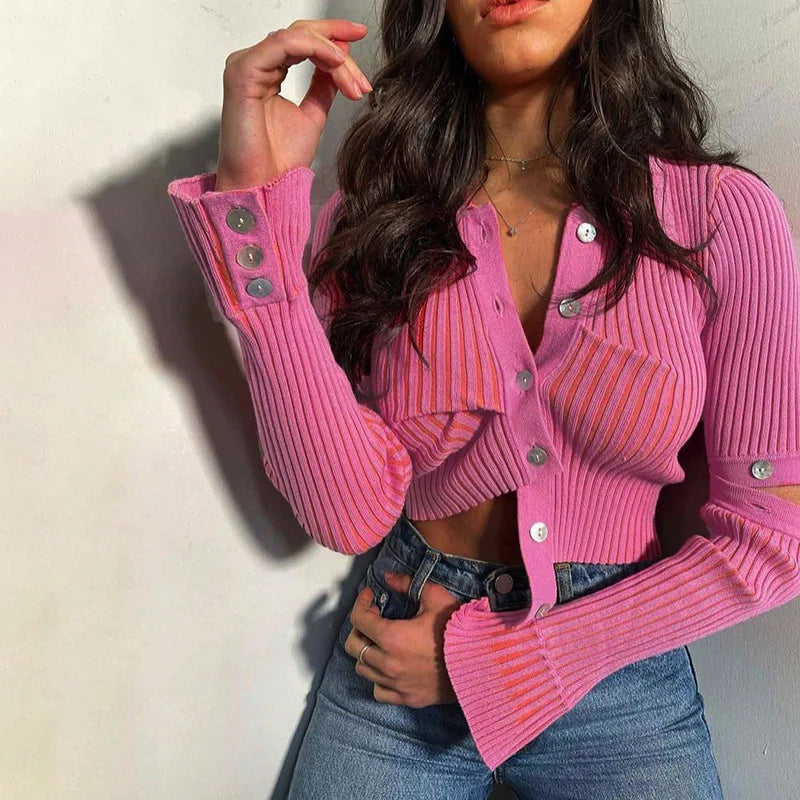 Fashion Sweet Style Ribbed Knitted Cardigan Flared Sleeves Solid Color Sweater Coat Button Women Casual Out Daily Commuting Wear